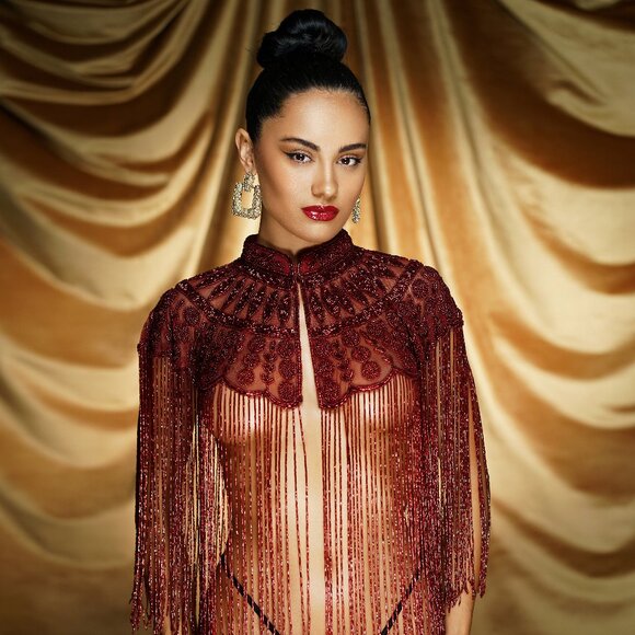 Red Fringe Cape, Rhinestone Beaded Shawl, Luxury Sequin Cape, Festival Outfit - Picture 3 of 13